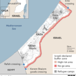 The map illustrates the current security situation along the Gaza-Israel border, with areas under Israeli control marked as high-risk or no-go zones, reflecting the escalating conflict and international concern.