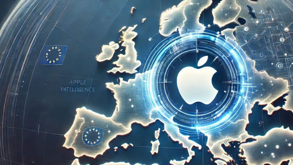 Apple's AI strategy is poised to challenge Europe's tech ambitions, as highlighted by a futuristic map centered on the Apple logo and the EU flag.