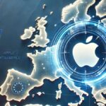 Apple's AI strategy is poised to challenge Europe's tech ambitions, as highlighted by a futuristic map centered on the Apple logo and the EU flag.
