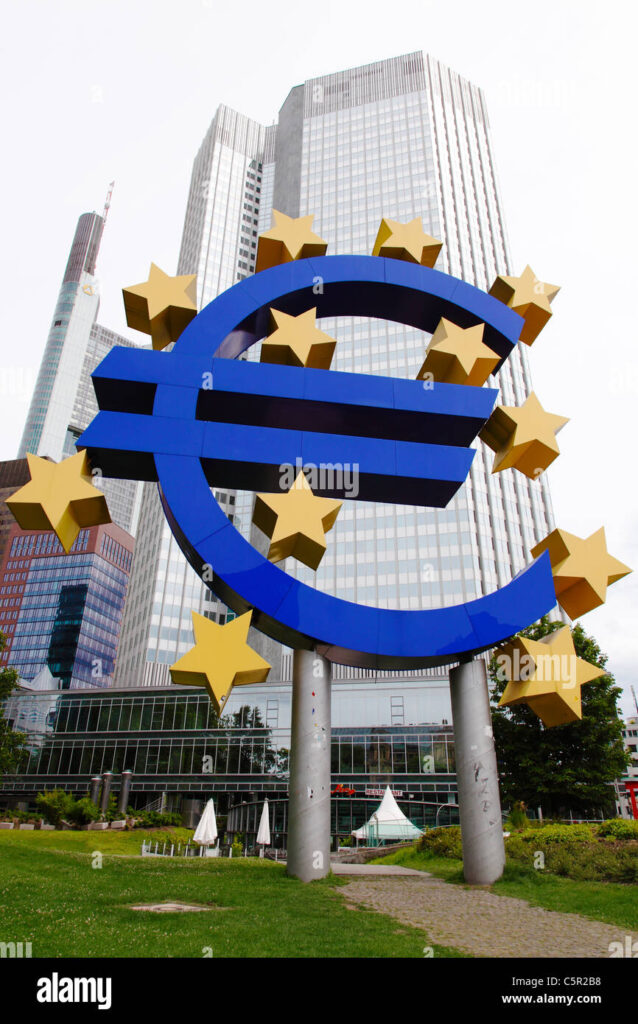 The Euro symbol statue represents the European Central Bank's monetary policy decisions impacting mortgage rates across the eurozone.