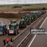 French farmers stage a road blockade with tractors along a major highway, protesting government measures on cattle culling.