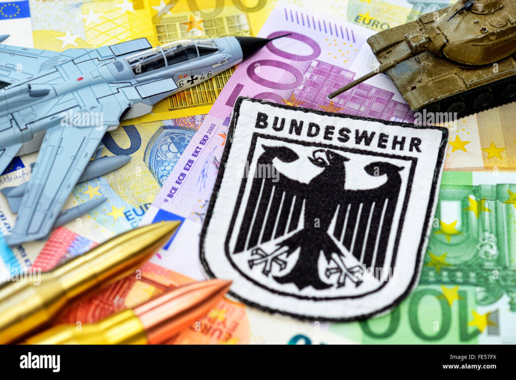 Germany's €50 billion defence spending, symbolized by military hardware and euro notes, underscores its strategic role in NATO's new power play.