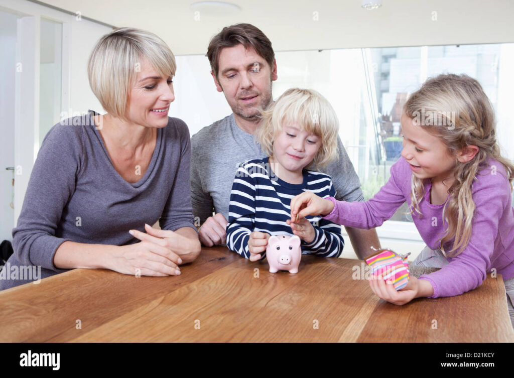 German families are tightening their belts, with household savings surging amid rising living costs, as illustrated by this family saving together.