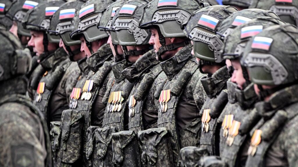 Russian soldiers in full formation, symbolizing national strength and discipline as part of a broader strategic narrative.