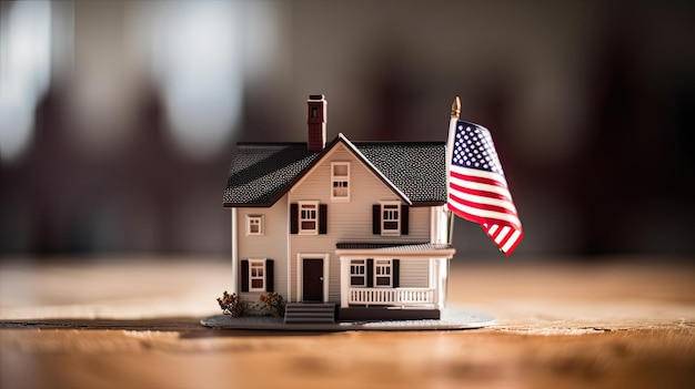 The U.S. housing market, represented by this miniature home with the American flag, is a key indicator of global economic trends affecting mortgage rates worldwide.