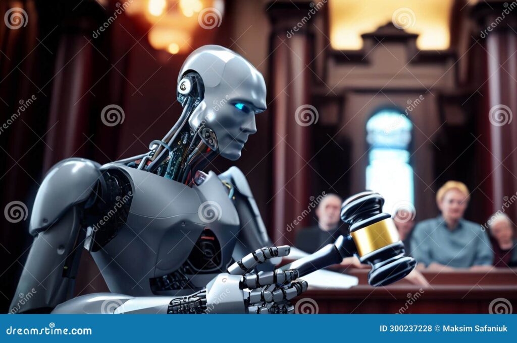 An AI robot wields a judge's gavel in a courtroom, symbolizing the emerging legal battles between tech giants over AI governance and funding disputes.