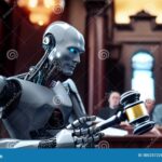 An AI robot wields a judge's gavel in a courtroom, symbolizing the emerging legal battles between tech giants over AI governance and funding disputes.