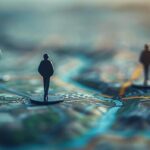 Silhouetted figures stand poised on a map, representing European AI start-ups navigating the competitive terrain of innovation and investment.