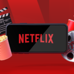 Netflix's expanding content library, symbolized by its logo and surrounded by cinema icons, reflects the streaming platform's growing influence across Europe's pop culture landscape.