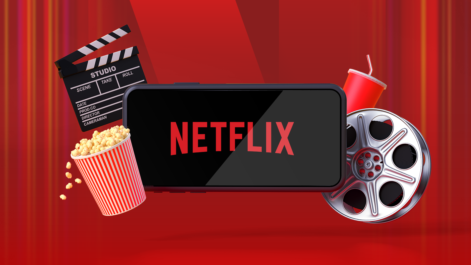 Netflix's expanding content library, symbolized by its logo and surrounded by cinema icons, reflects the streaming platform's growing influence across Europe's pop culture landscape.